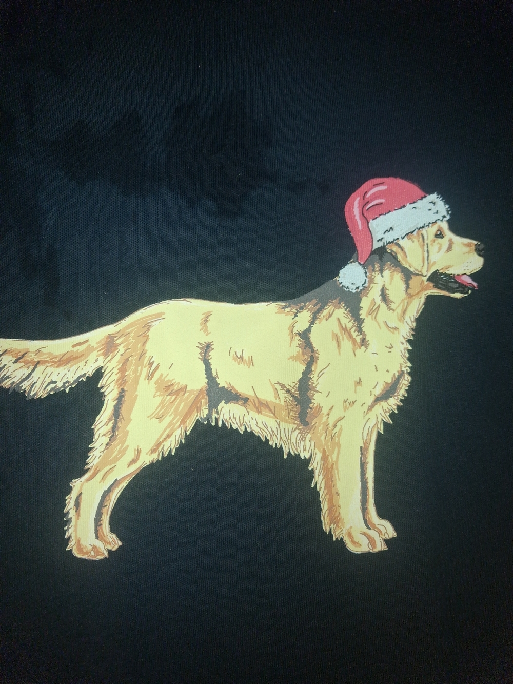 J. Crew Black Tee with Golden Retriever Wearing Red Santa Hat